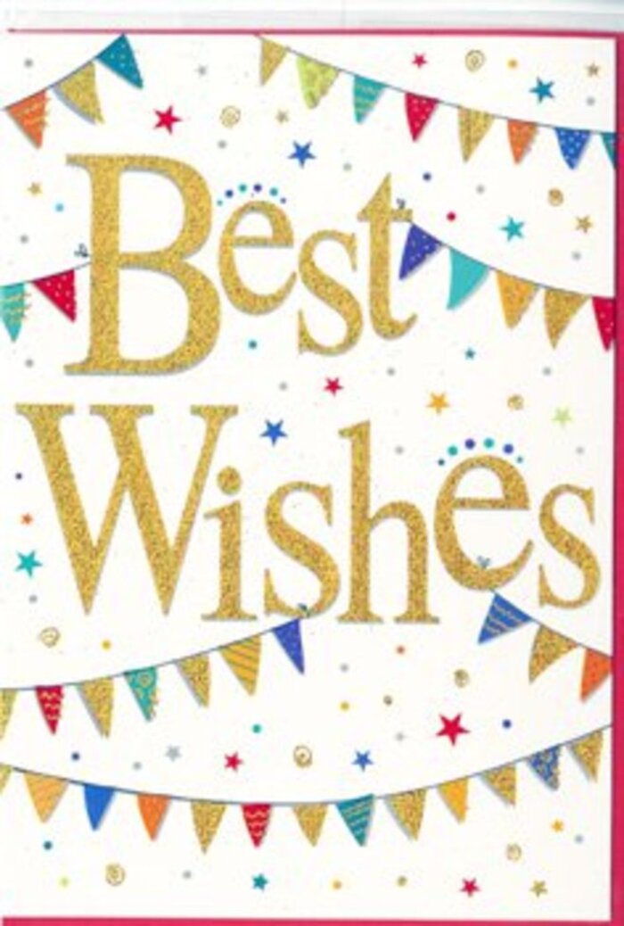 Viewed up close, this congratulations card feels like a carefully planned celebration, the sort you might see arranged for a community event around Blackheath or Lewisham town centre. The base is a smooth, bright white card, providing a clean backdrop that lets every colour and glittering detail sing. Right in the centre, the words Best Wishes are embossed in rich golden foil. The script is flowing and elegant with a modern twist, each letter slightly raised, catching and reflecting light much like a polished piece of jewellery in a local Lewisham boutique. The gold has a gentle sparkle to it, not brash, but luminous and refined, giving the message a sense of importance and heartfelt sincerity. Above and below this central phrase, curving strands of bunting stretch across the card, forming soft arcs that cradle the words. The little triangular flags are painted in a lively mix of colours-teal, cobalt, cherry red, sunlit yellow, and bright green-some finished with glittery tips, others decorated with patterns like tiny dots, stripes, or diamond shapes. The variety of designs suggests the personal touch of someone who has thoughtfully chosen each element, much like a florist layering textures and colours in a bouquet. Scattered between and around the bunting are small stars and circular dots, reminiscent of confetti still drifting through the air after a cheer. These accents, in coordinating shades, create a sense of motion and light-hearted fun. The overall effect is upbeat, polished, and inclusive, making the card perfect for offering congratulations on a graduation, a new baby, or any special achievement. Paired with a hand-tied arrangement from a local Lewisham florist, it would feel like a genuine, joyful celebration delivered right to someone's door.