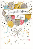In this image, a beautifully illustrated congratulations card stands against a neutral background, its design radiating quiet but unmistakable joy. A central cluster of balloons dominates the front, rising together like a small bouquet in the air. They are drawn in a soft, sophisticated palette of warm gold, cool silver, champagne, muted blue, blush pink, and dove grey, each balloon decorated differently-some with sparkling stars, others with glimmering glitter or fine, looping lines. Their strings gather into a graceful, swirling tether of metallic gold and silver ink that visually anchors the composition without weighing it down. Draped elegantly across the middle is a wide banner, gently arched and edged with subtle shading so it appears to float among the balloons. On it, the message Congratulations To You is written in stylish, cursive script that feels both celebratory and sincere. Surrounding the central motif, tiny stars, curved ribbons and specks of confetti drift across a pale, almost pearly background, creating the feeling of a soft-focus celebration-like the glow after good news is shared over dinner somewhere in Lewisham town centre. As a florist imagining this tucked into a bouquet ready for local delivery, the card seems designed for life's proudest milestones: exam results, first homes, promotions, or new ventures. Its balance of shimmer and subtlety makes it ideal for anyone who appreciates elegance, giving a gentle yet radiant way to say well done that complements fresh flowers beautifully.