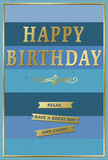 This thoughtfully designed birthday card features a soothing composition that would sit beautifully beside a vase of locally delivered blooms in a Lewisham living room overlooking Ladywell Fields. Its background is built from broad, horizontal bands of blue, each stripe a different yet closely related shade, drifting from deep navy through rich teal and denim to airy pale blue. These stripes create a gentle ombre effect, evoking calm skies and still water, lending the card a peaceful, reflective mood. Dominating the central area, the words HAPPY BIRTHDAY appear in large, embossed gold capitals, their surfaces metallic and light-catching, shining just enough to feel festive without overwhelming the serene blues. The letters are slightly raised, giving a tactile quality you can almost sense, like tracing a fingertip along the ridge of embossed print. Directly beneath, a graceful golden flourish sweeps outward in a balanced scroll, separating the main greeting from the message below while adding a note of classic, almost regal refinement. Under the flourish lies a trio of slim gold banners, neatly aligned one atop another, carrying the warmly encouraging phrase: Relax, have a great day and enjoy! This message feels particularly fitting for someone taking a pause from the pace of Lewisham's busy streets to celebrate. The whole design is enclosed within a fine gold border that frames the artwork with a finishing touch of elegance. The overall impression is of something quietly luxurious and sincerely meant-a refined birthday card best paired with a hand-tied bouquet for delivery to a friend, neighbour, or family member nearby.